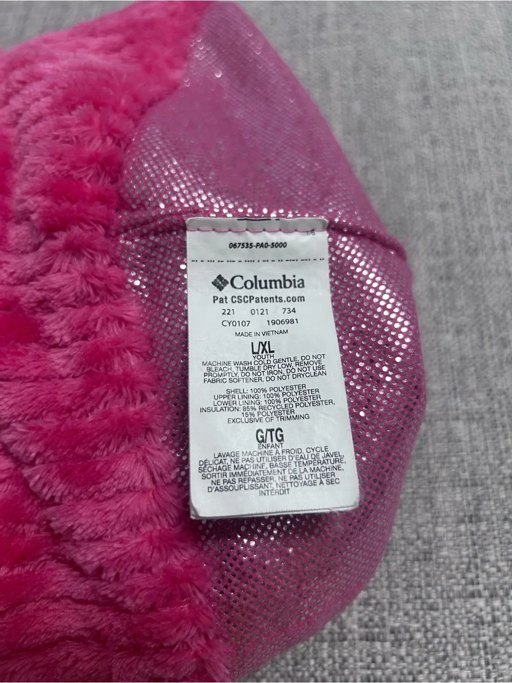 Columbia Kids' Pink & Gray Trapper Fleece Pom Beanie. Size L/XL